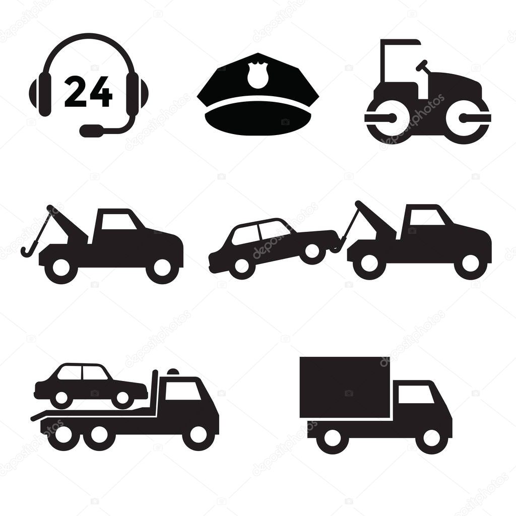 Towing car icon collection with black and flat design