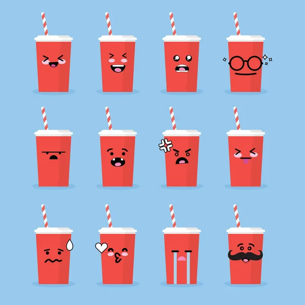 Χαμογελάστε Emoji Emoticon Πρόσωπο Ποτήρι Σόδα Πολλές Παραλλαγές — Διανυσματικό Αρχείο