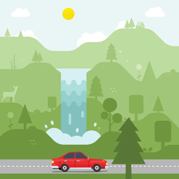 Coche Que Conduce Través Del Bosque Cascada Carretera Del País — Vector de stock