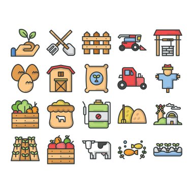 Çiftlik ve çiftlik hayvanları ikonu koleksiyonu ana hatları ve modern stili