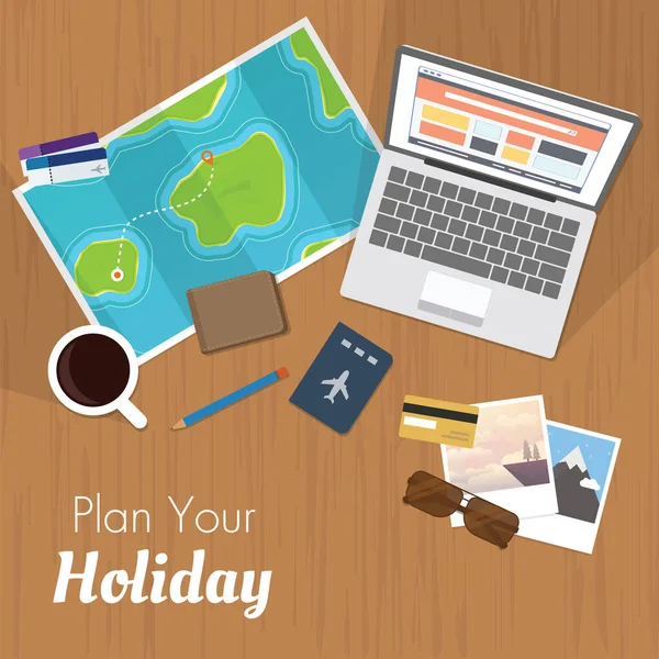 Planificar Concepto Vacaciones Con Cosas Mesa — Vector de stock