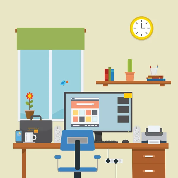 Lugar Trabajo Habitación Con Ordenador Escritorio — Vector de stock