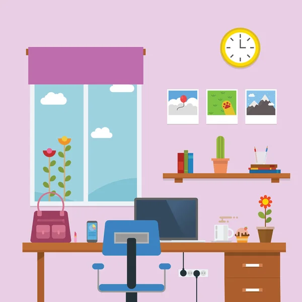 Arbeitsplatz Damenzimmer Mit Laptop Auf Dem Schreibtisch — Stockvektor