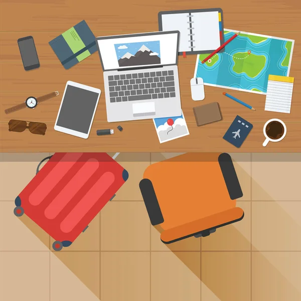 Vista Superior Del Escritorio Trabajo Del Blogger Viajes Con Cosas — Vector de stock