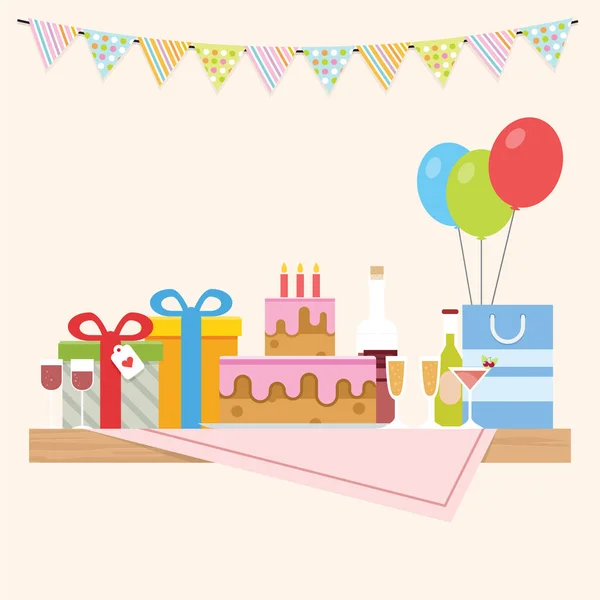 生日宴会的概念 桌上有蛋糕 礼物和装饰品 — 图库矢量图片