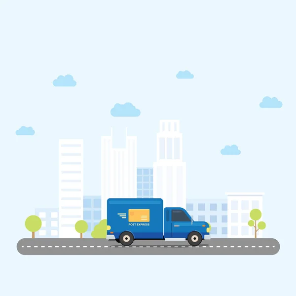 Van Truck Pengiriman Pos Seluruh Kota Pada Sore Hari - Stok Vektor