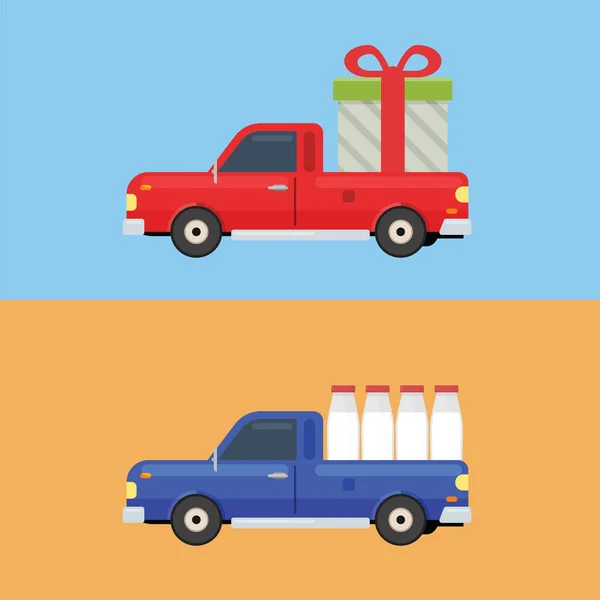 Pickup Mobil Untuk Hadiah Pengiriman Dan Susu - Stok Vektor