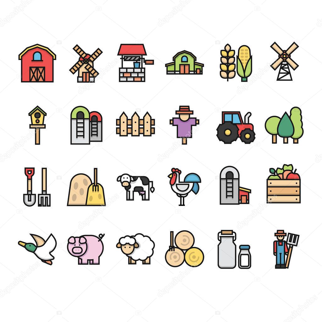 Farm and livestock icon collection set with outline and modern style