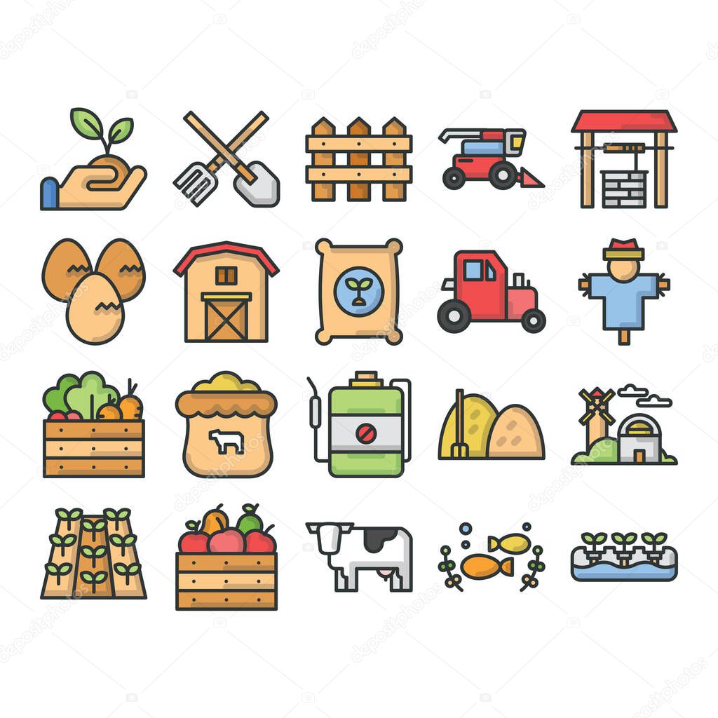 Farm and livestock icon collection set with outline and modern style