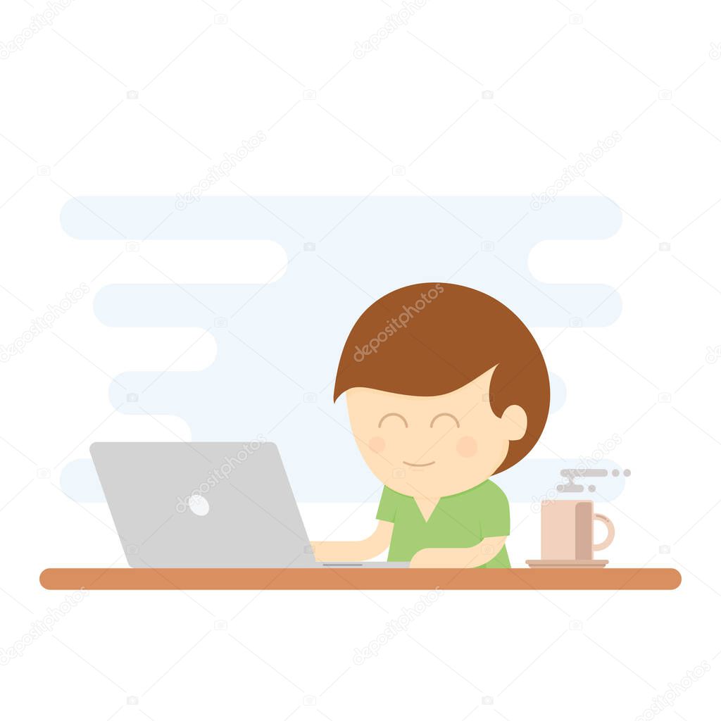 Boy smiling while using laptop for working
