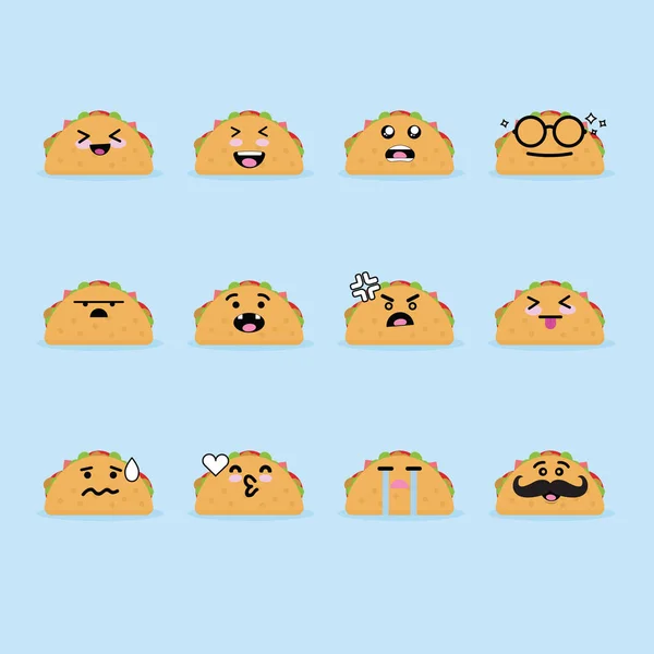 Sourire Émoticône Emoji Visage Dans Taco Avec Beaucoup Variation — Image vectorielle