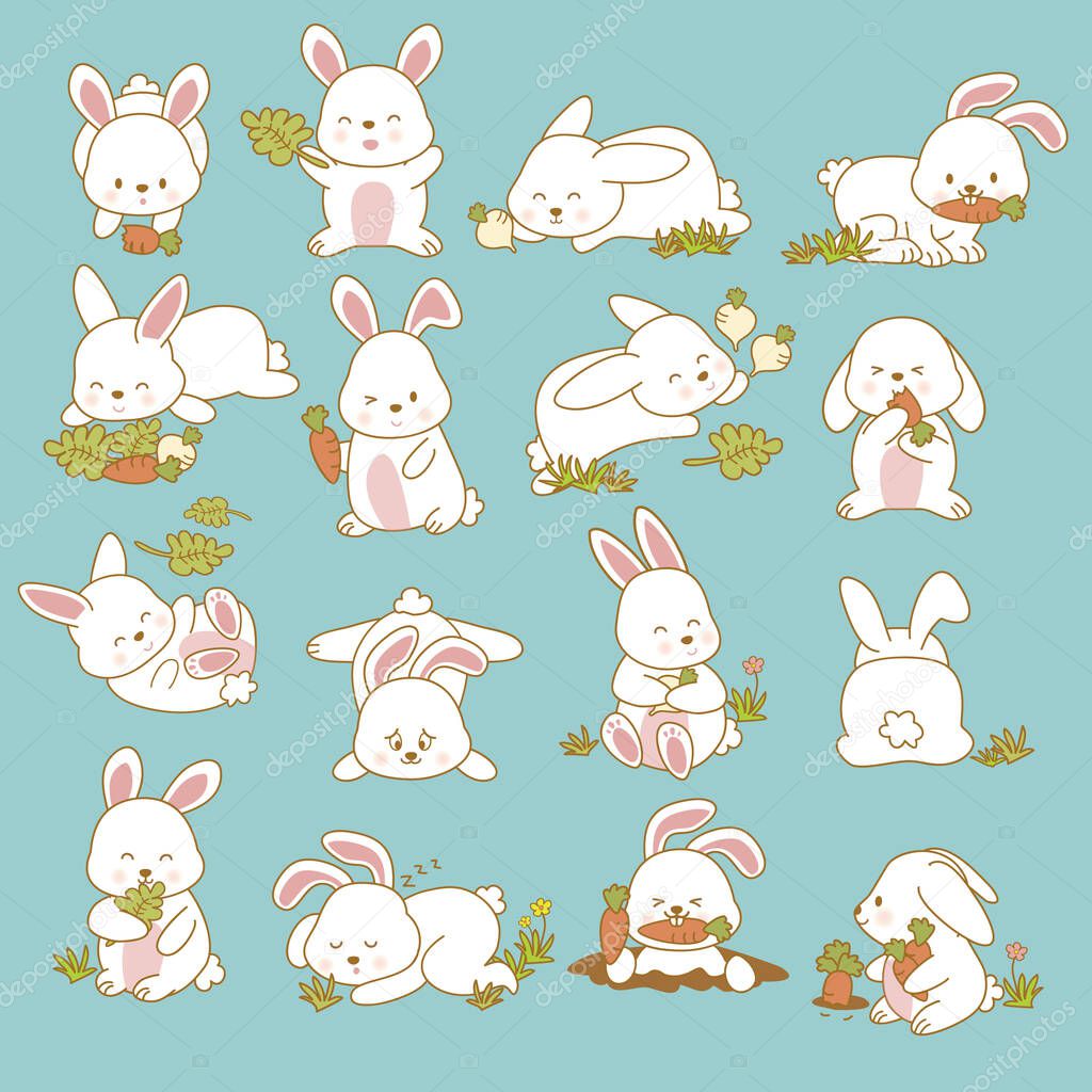 Hand drawing cute rabbit with a lot of variation