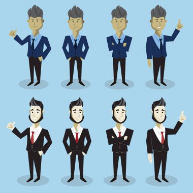 Business Man Karikatür Cephesi farklı pozlar ve deriyle