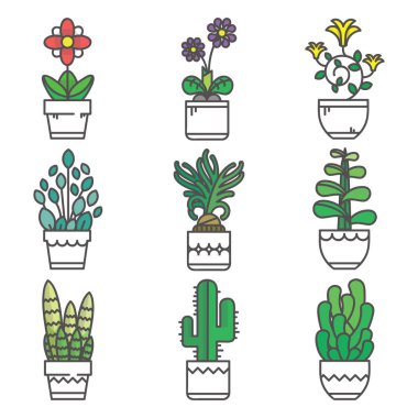 Düz dizayn ve dış hatları olan çiçek saksısı modern doğrusal simgesi