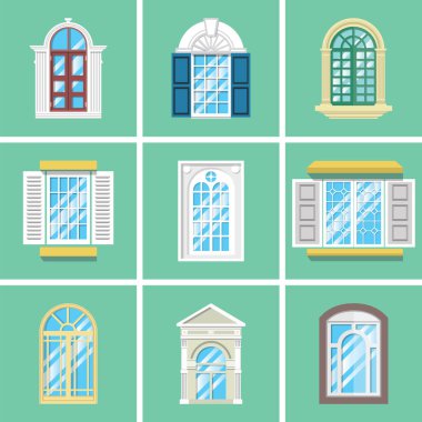 Duvarda ahşap çerçeve ve birçok varyasyonlu Retro pencere