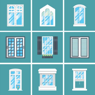 Duvarda ahşap çerçeve ve birçok varyasyonlu Retro pencere