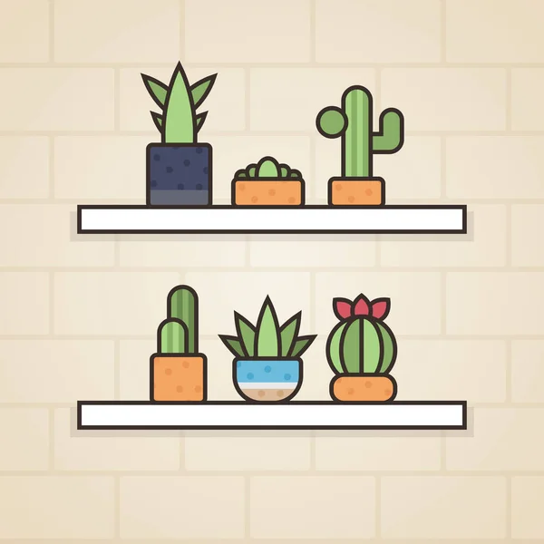 Maison Plante Cactus Intérieur Avec Étagère Blanche — Image vectorielle