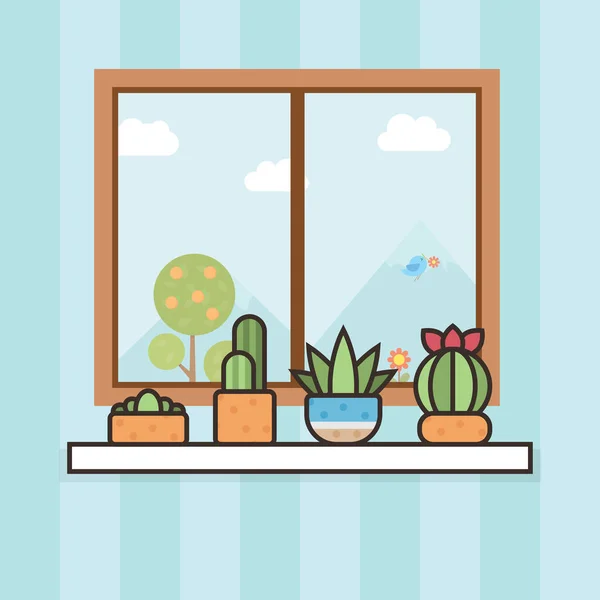 Maison Plante Cactus Intérieur Derrière Fenêtre — Image vectorielle