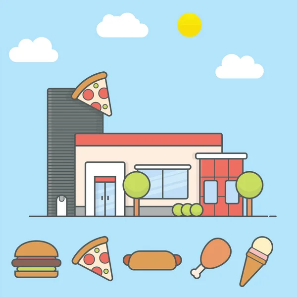 Pizza Winkel Gebouw Met Plat Ontwerp Fast Food — Stockvector