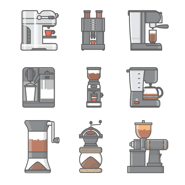 带有轮廓的咖啡机和磨床图标 — 图库矢量图片