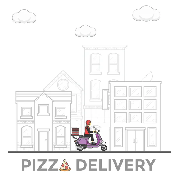 Mensen Leveren Pizza Met Behulp Van Scooter Stad — Stockvector