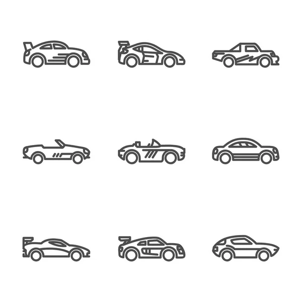 Γραμμικό Εικονίδιο Αυτοκινήτου Περίγραμμα Και Διαφορετικό Είδος Αυτοκινήτου — Διανυσματικό Αρχείο