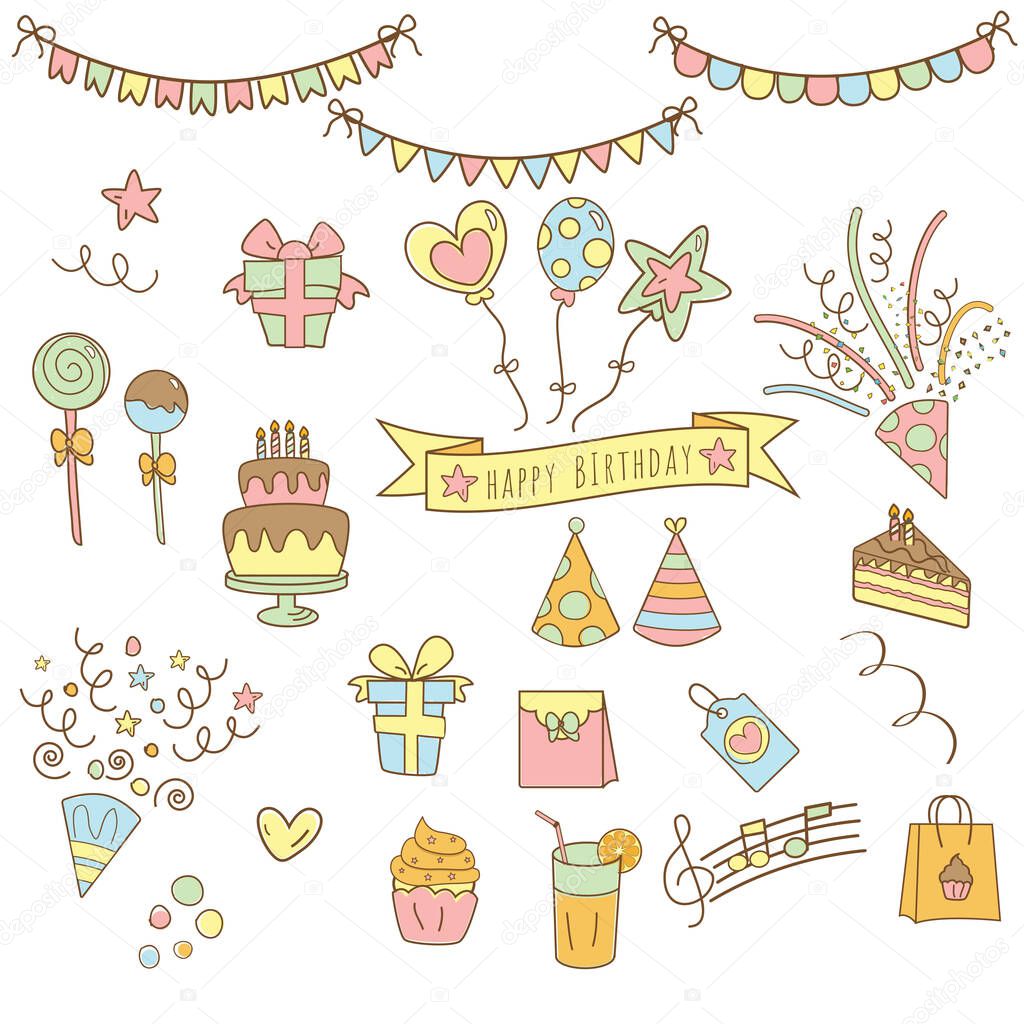Hand drawn birthday party icon with cute and colorful style