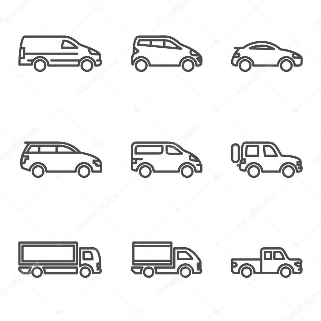 Linear car icon with outline and different kind of car