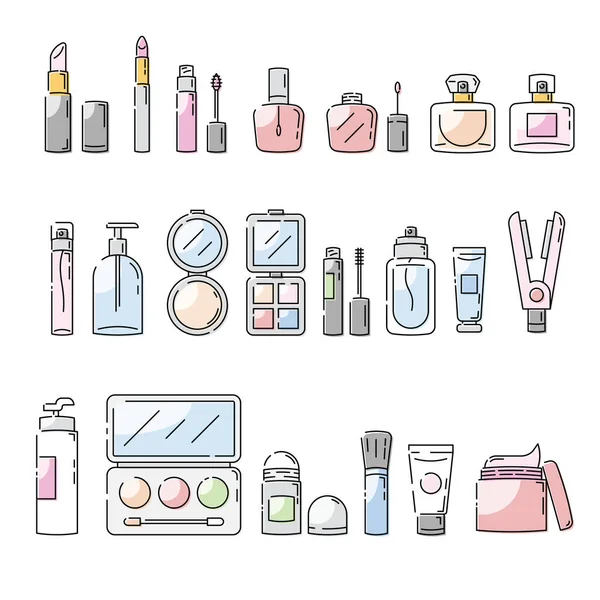 Woman Cosmetic Icon Collection Set Outline Modern Style — Stock Vector