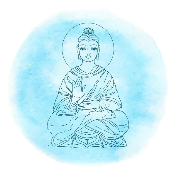 Καθιστός Βούδας πάνω από φόντο υδατογραφων. Απεικόνιση διανύσματος. Vintage διακοσμητική σύνθεση. Ινδικό, Βουδισμό, πνευματικά μοτίβα. Τατουάζ, γιόγκα, πνευματικότητα. — Διανυσματικό Αρχείο
