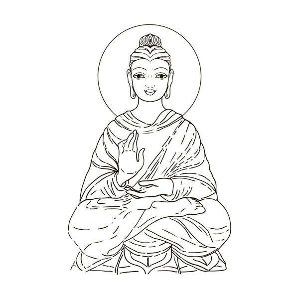 Sedící Buddha izolovaný na bílém. Ukázka esoterického ročníku. Indický, buddhismus, duchovní umění. Tetování hippie, spiritualita, thajský Bůh, Józa Zen barevné stránky knih pro dospělé. — Stockový vektor