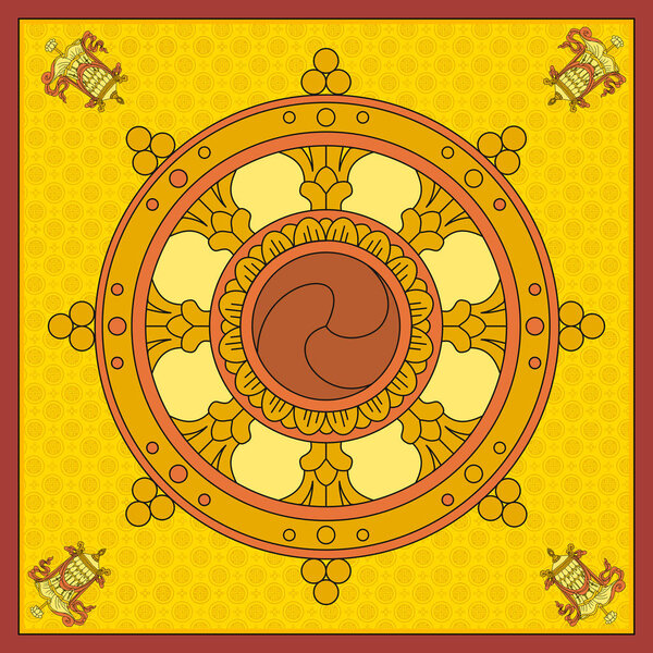 Dharma Wheel, Dharmachakra Icons.  of  in black and white design. Buddhism symbols. Symbol  Buddha's teachings on the path to enlightenment, liberation from the karmic rebirth in samsara.