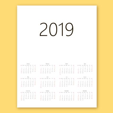Beyaz arka plan üzerinde takvim 2019. Hafta başlar Pazar. Basit vektör şablonu
