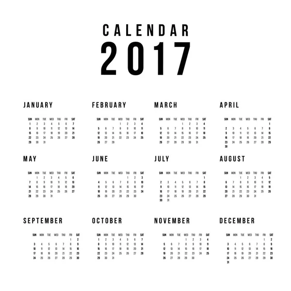 Calendário 2017 Em fundo branco. A semana começa no domingo. Modelo de vetor simples — Vetor de Stock