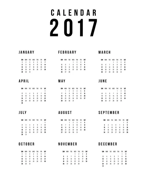 Calendario 2017 Sobre fondo blanco. La semana empieza el domingo. Plantilla de vector simple — Archivo Imágenes Vectoriales