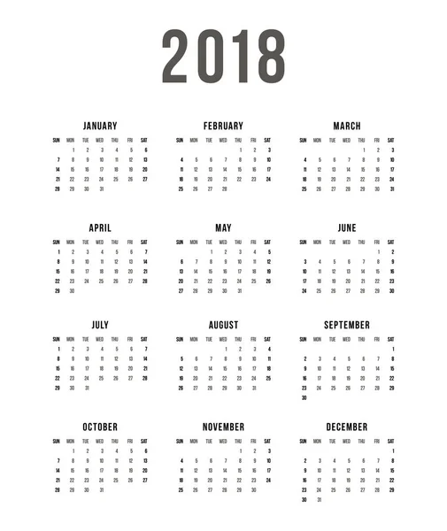 Kalendarz 2018 na białym tle. Rozpoczyna się tydzień niedziela. Szablon Simple wektor — Wektor stockowy