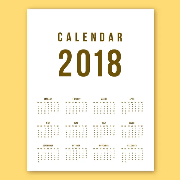Calendar 2018 On White Background. Week Starts Sunday. Simple Vector Template — Stock Vector