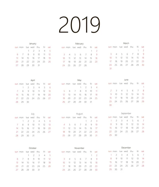 Kalendarzowy 2019 na białym tle. Rozpoczyna się tydzień niedziela. Szablon Simple wektor — Wektor stockowy