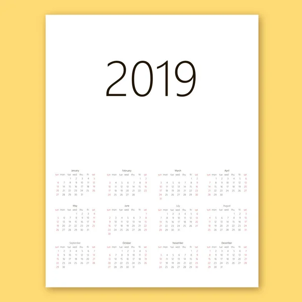 Calendario 2019 Sobre fondo blanco. La semana empieza el domingo. Plantilla de vector simple — Archivo Imágenes Vectoriales