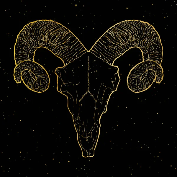 Crâne de bélier en or dans un style vintage sur un fond sombre — Image vectorielle
