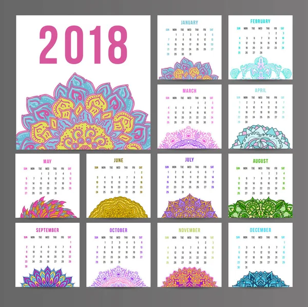 Kalendář na rok 2018 na indické výtvarné. Týden začíná v neděli. Vintage design. — Stockový vektor