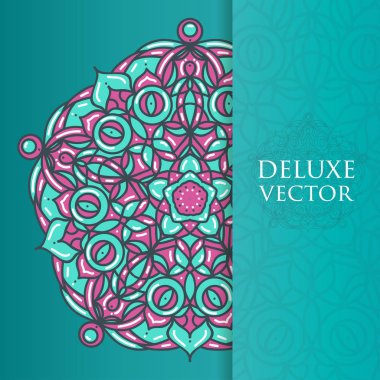 Kare davet şablonu. Mandala tasarım öğesi ile vektör davet. Yuvarlak çiçek süsleme. Dekoratif vintage yazdırma. Lüks çiçek örgü desen.