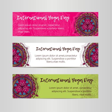 Vintage şablon tasarım vektör çizim uluslararası yoga gün. Oryantal desen vektör çizim. Islam, Arapça Hint Türk motifleri