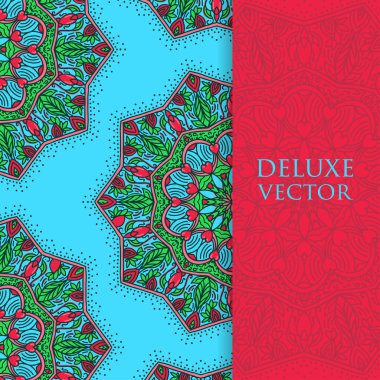 Kare davet şablonu. Mandala tasarım öğesi ile vektör davet. Yuvarlak çiçek süsleme. Dekoratif vintage yazdırma. Lüks çiçek örgü desen.