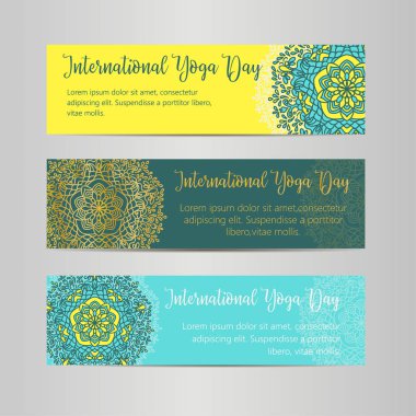 Vektör yoga çizim. Uluslararası Yoga gün için poster şablonu. 21 Haziran, Yoga gün el ilanı