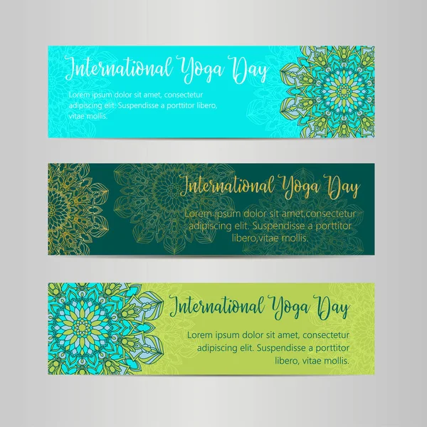 Vektör yoga çizim. Uluslararası Yoga gün için poster şablonu. 21 Haziran, Yoga gün el ilanı