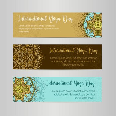 Vektör yoga çizim. Uluslararası Yoga gün için poster şablonu. 21 Haziran, Yoga gün el ilanı