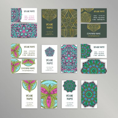 Vektör vintage kartvizit büyük set. Oryantal tasarım düzeni. Islam, Arapça, Indian, Osmanlı motifleri.
