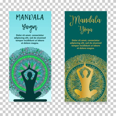 Renkli süs etnik afiş kümesi. Doodle kabile mandalalar şablonlarıyla. Vektör çizim.