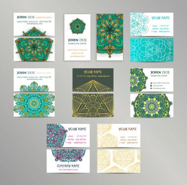 Vektör vintage kartvizit büyük set. Oryantal tasarım düzeni. Islam, Arapça, Indian, Osmanlı motifleri.